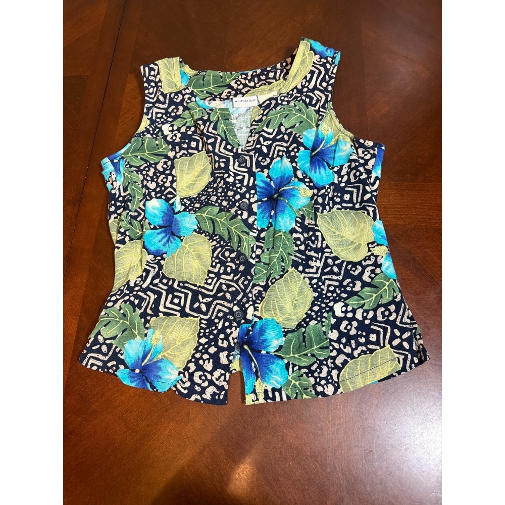 Vtg White Stag Hawaiian Tank Top Women S Blue Floral Rayon Button Front Island